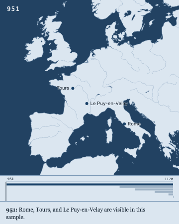 Blue portrait map for 951, showing Rome, Tours, and Le Puy-en-Velay, with a caption and timeline